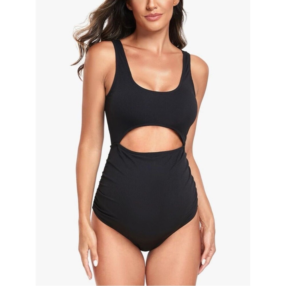 EastElegant Maternity Cutout One Piece Swimwear Black Ribbed Bathing Suit XXL